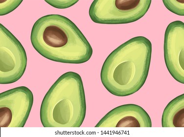 Vector seamless pattern with avocado. Tropical background with exotic fruit. Healthy food illustration. Slices of avocado isolated on the white. Organic, vegan, raw product.