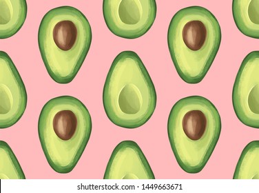 Vector seamless pattern with avocado. Tropical background with exotic fruit. Healthy food illustration. Slices of avocado isolated on the white. Organic, vegan, raw product.