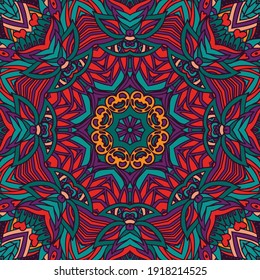 Vector seamless pattern Aztec Colorful ethnic tribal geometric psychedelic folkloric style print. Mandala art.