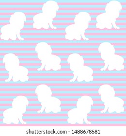 Vector seamless pattern with babies crawling and blue and pink stripes on background. 