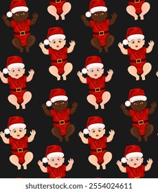 Vector seamless pattern with babies of different nationalities in santa costume on dark background. Festive texture with kids in holiday costumes. Cartoon wallpaper with happy multinational children