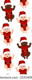 Vector seamless pattern with babies of different nationalities in santa costume on white background. Festive texture with kids in holiday costumes. Cartoon wrapping paper with multinational children