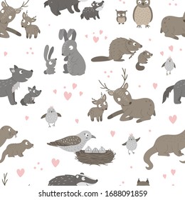 Vector seamless pattern with baby animals and their parents. Funny woodland animal background showing family love. Cute forest animalistic texture for Mother’s Day design