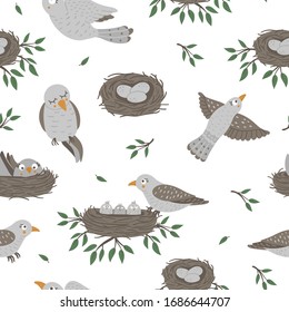 Vector seamless pattern with baby birds and their parents. Funny woodland animal background showing family love. Cute forest animalistic texture for Mother’s Day design