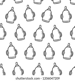 Vector seamless pattern with baby bottle. Children's dishes. Baby food.