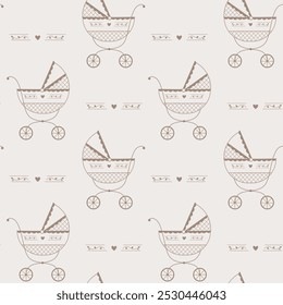 Vector seamless pattern with baby carriages outline. Contours of strollers wallpaper. Repeat texture for kids textile or wrapping paper.