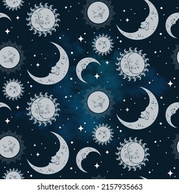 Vector seamless pattern with baby celestial bodies - moon, sun stars and clouds. Pastel hand drawn textile or wrapping design for kids