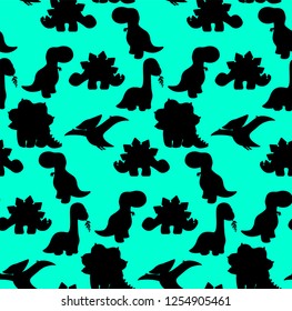 Vector seamless pattern of baby dino silhouettes - tyrannosaurus, triceratops, pterodactylus, stegosaurus, diplodocus - for poster, banner. For historic event, dinosaur party, nursery, textile print