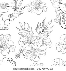 Vector seamless pattern with baby dino, palm leaves, tropical flowers. Clipart for baby shower, nursery, decor, stickers, prints with historical animals. Jurassic period. Black silhouette for circuit