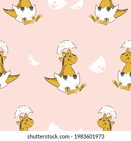 Vector seamless pattern baby dinosaur hatched with eggs. Newborn dinosaur, dinosaur eggs baby pattern on soft pink background. Design for printing on textiles, children's clothing, wallpaper, paper.