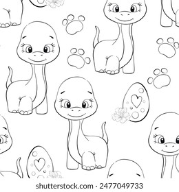 Vector seamless pattern - baby dinosaur with track. Diplodocus Clipart for baby shower, nursery, decor, stickers, prints with historical animals. Black silhouette for circuit
