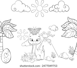 Vector seamless pattern - baby dinosaur with nature. Diplodocus Clipart for baby shower, nursery, decor, stickers, prints with historical animals. Jurassic period. Black silhouette for circuit