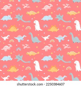 Vector seamless pattern with baby dinosaurs. brontosaurus, tyrannosaurus, pterodactyl, triceratops, stegosaurus, spinosaurus, plesiosaurus, ankylosaurus, velociraptor, parasaurolophus pastel colorss