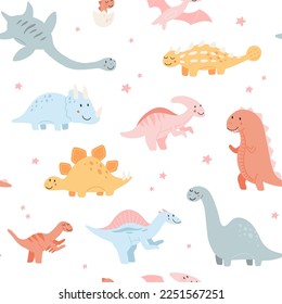 Vector seamless pattern with baby dinosaurs. brontosaurus, tyrannosaurus, pterodactyl, triceratops, stegosaurus, spinosaurus, plesiosaurus, ankylosaurus, velociraptor, parasaurolophus pastel colors