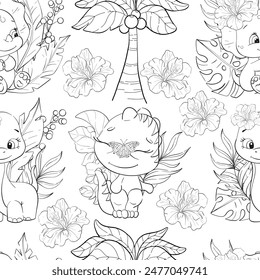 Vector seamless pattern - baby dinosaurs with palm leaves, tropical flowers. Clipart for baby shower, nursery, decor, stickers, prints with historical animals. Jurassic period. Black silhouette