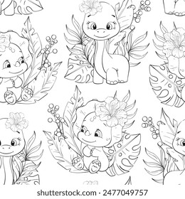 Vector seamless pattern with baby dinosaurs, palm leaves, tropical flowers. Clipart for baby shower, nursery, decor, stickers, prints with historical animals. Jurassic period. Black silhouette 