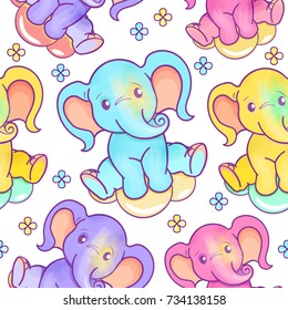 Vector seamless pattern with baby elephant. Regular background, sweet childhood, multicolored colors.Printable bright design for baby clothes, shower, postcard layout, web wallpaper, wrapping