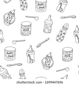 Vector Seamless Pattern With Baby Feeding Bottles, Cans With Infant Formula, Measuring Spoons. Great For Baby Food Package Design, Wrapping Papers, Covers. Doodle Style Illustration, Black Ink.