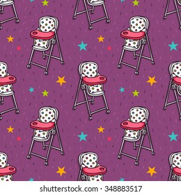 Vector seamless pattern with baby feeding chair and stars