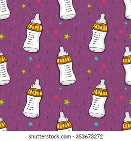 Vector seamless pattern with baby feeding bottle with dummy and stars