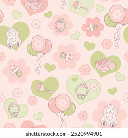 Vector seamless pattern baby girl design wit balloons, rabbits, pacifiers, baby shoes, rattler hearts and flowers in pinks and green color. Perfect for wallpaper, wrapping paper, scrapbooking art.