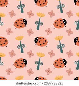 Vector seamless pattern. Baby illustration with ladybugs and flowers on pink background