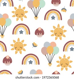 Vector seamless pattern with baby items. Baby shower background. Pattern for bedroom, wallpaper, kids and baby shirts and wear, hand drawn nursery illustration