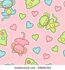 Vector seamless pattern with baby monkeys, christmas trees and hearts. Cute kawaii new year pattern with pastel color palette perfect for babies and newborns
