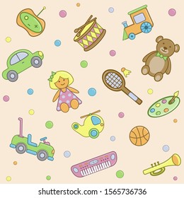 Vector seamless pattern with baby objects. For fabric, baby clothes, background, textile, wrapping paper and other decoration. Cute pattern for newborn babies.