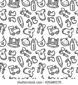 Vector seamless pattern with baby objects. Newborn clothes and accessories seamless background in trendy doodle style.