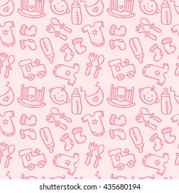 Vector seamless pattern with baby objects. Newborn clothes and accessories seamless background in trendy doodle style.