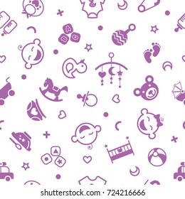 Vector seamless pattern with baby objects. Newborn clothes and accessories seamless background in trendy flat style.For fabric, baby clothes, background, textile, wrapping paper and other decoration.