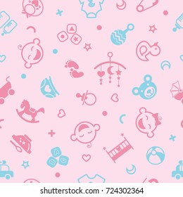 Vector seamless pattern with baby objects. Newborn clothes and accessories seamless background in trendy flat style.For fabric, baby clothes, background, textile, wrapping paper and other decoration.