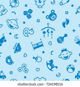 Vector seamless pattern with baby objects.Newborn clothes and accessories seamless background in trendy flat style.For fabric, baby clothes, background, textile, wrapping paper and other decoration.