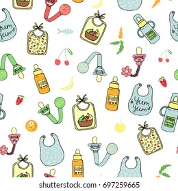 Vector seamless pattern of baby pacifier, bottle, bib. Baby feeding repeat background. Cute children endless backdrop. 