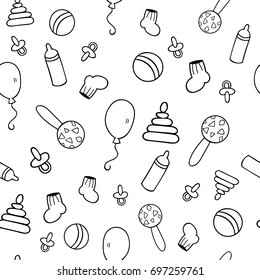 Vector seamless pattern of baby pacifier, bottle, pyramid,sock,ball, balloon, rattle. Baby black and white repeat background. Cute children endless backdrop. 