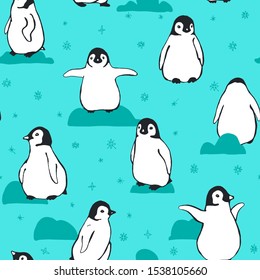 Vector seamless pattern with baby penguins. Hand drawn. Line drawing.