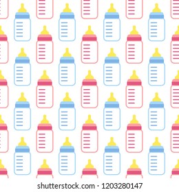 Vector seamless pattern of baby pink and blue feeding bottles. 