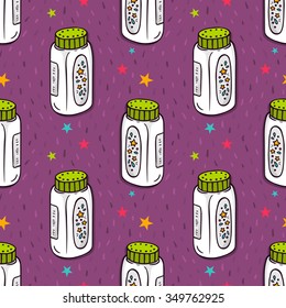 Vector Seamless Pattern With Baby Powder Bottle And Stars
