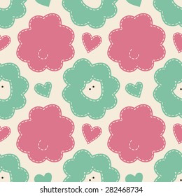 Vector seamless pattern with baby sheep decorated by hearts.Cartoon childish pattern in desaturated colors. Hand-sewn style with light seams.