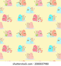 vector seamless pattern with baby snails in different life situations on yellow background for children room clip art and decorations.