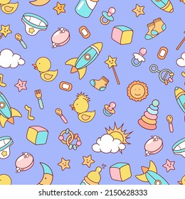 Vector seamless pattern with baby things on purple background. Endless texture for your design, greeting cards,paper,gift wraps,bedding,announcements, posters, textiles and other.