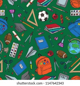 Vector seamless pattern with Back to school colorful design elements. Education stationery supplies and tools isolated on green background.