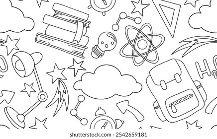 Vector seamless pattern, back to school. Cute print on the theme of education, school and space in doodle style. Coloring book