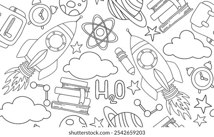 Vector seamless pattern, back to school. Cute print on the theme of education, school and space in doodle style. Coloring book