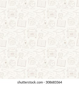 Vector Seamless pattern back to school for wab page. Background With education elements, cap graduate, briefcase, backpack, alarm clock, diploma, school bus