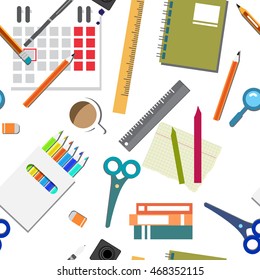 Vector seamless pattern of back to school flat cartoon style things for school, college, university