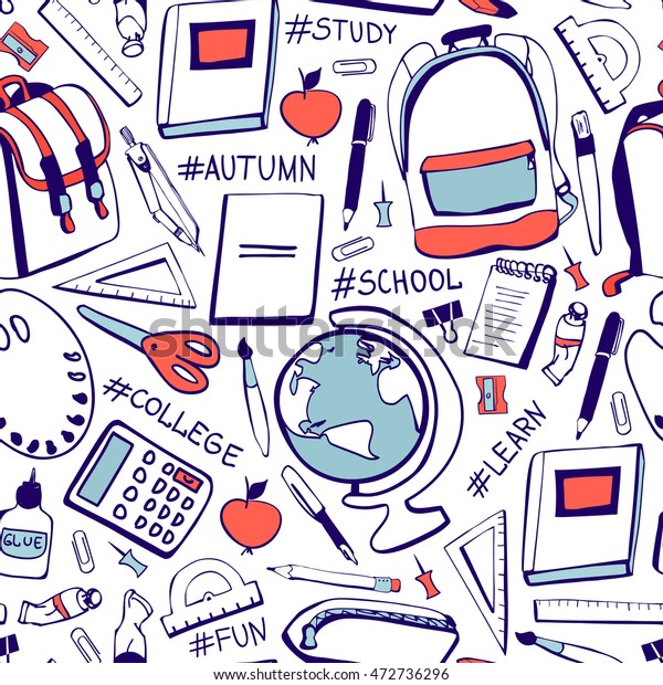 Vector seamless pattern Back to school. Hand drawn\
doodle school supplies and handwritten hashtags in blue and red\
colors on white background. Print, backdrop, wallpaper, wrapping\
paper design. 