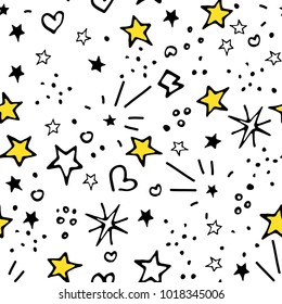 Vector Seamless Pattern. Backdrop for Boys Girls textiles wrapping paper. Summer Spring Mood. Stars Universal Pattern. Modern Background Design. Bright Images