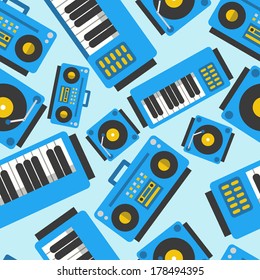 Vector seamless pattern. Backdrop with musical instruments. Boombox, vinyl player, piano / synthesizer. Blue edition. Use for pattern fills, surface textures web page background, wallpaper.